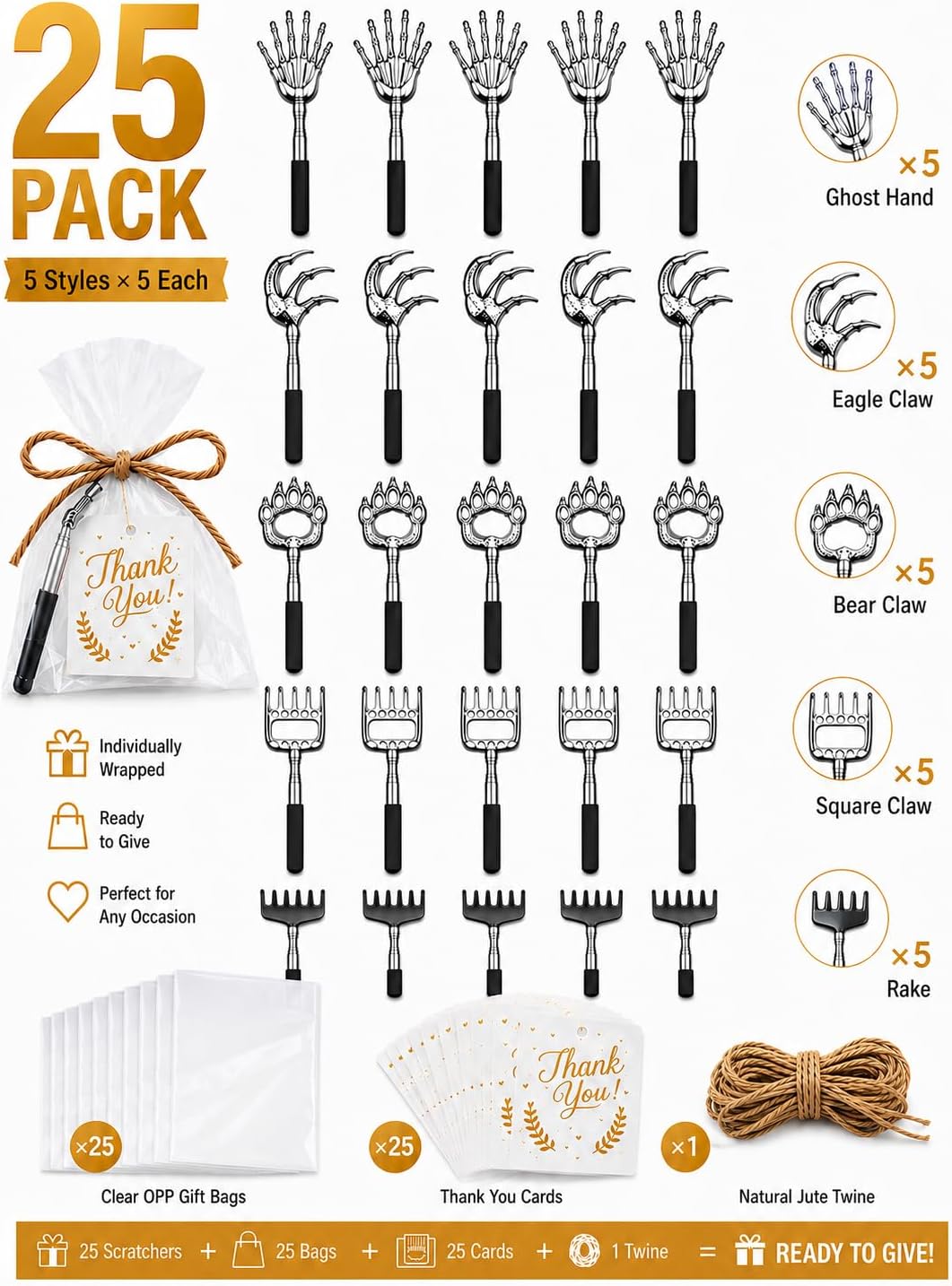 Back Scratcher for Men Bulk 25 Pack - Extendable 5 Styles with Gift Bags, Party Favors for Adults Stocking Stuffers Fathers Day Office Coworker Gifts.5 Styles Scratchers with Cards & Gift Bags