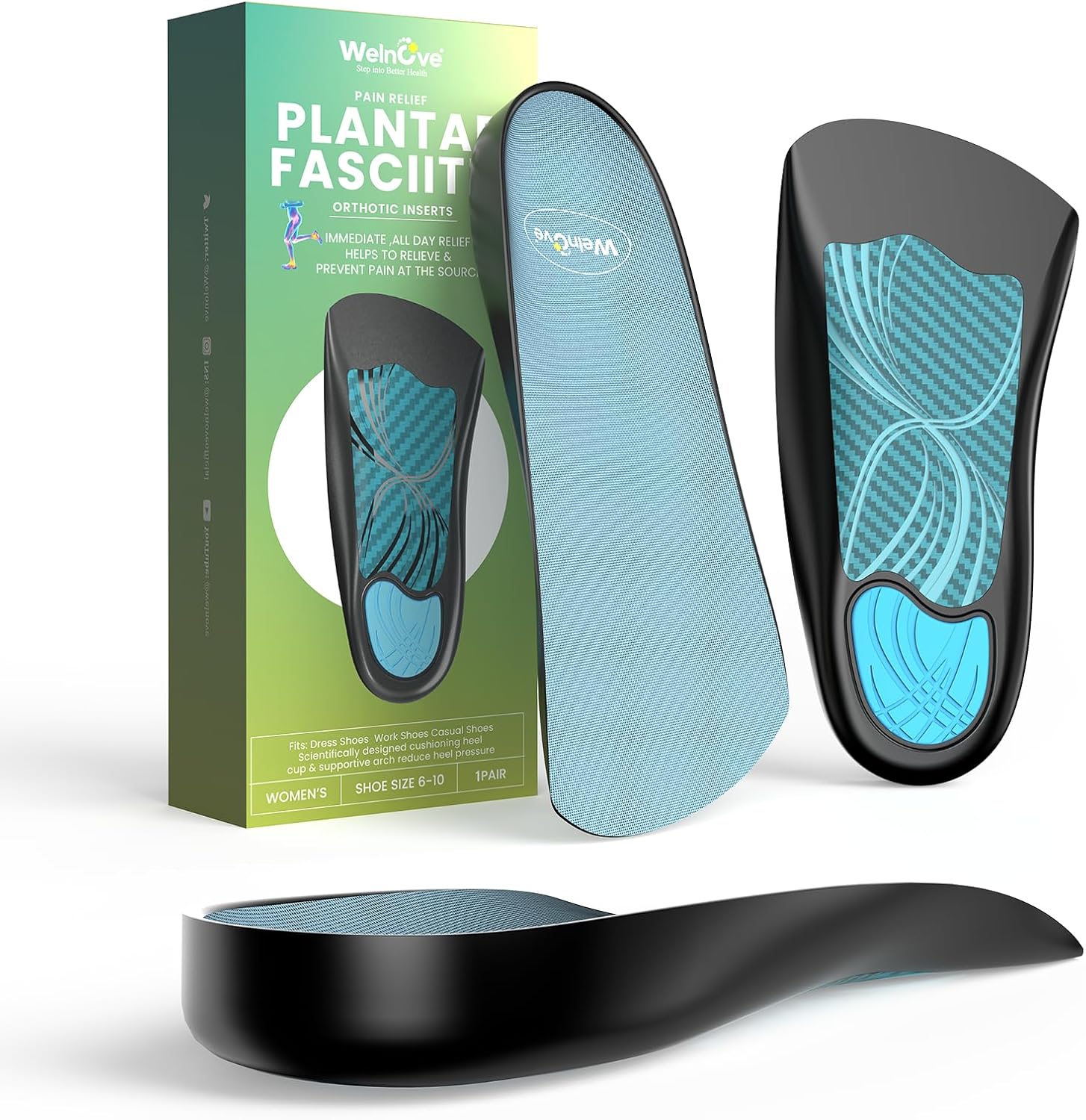 Welnove Plantar Fasciitis Relief Insoles - 3/4 Anti-Slip & Arch Support Inserts - Plantar Fasciitis Insoles - Heel Cups Orthotic Cushions - Women's 6-10, Men's 6-8