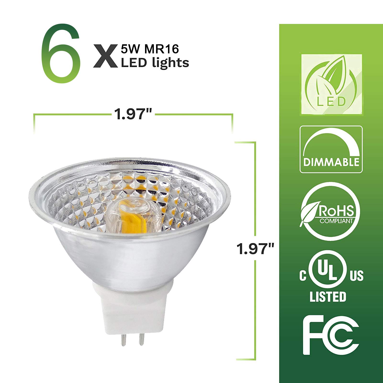 Ampoule LED MR16 à intensité variable, 90% d'économie d'énergie, 38 degrés, AC/DC, 5 watts, équivalent à une ampoule halogène 50 W, culot GU5.3, lot 6, blanc froid 6000 K.