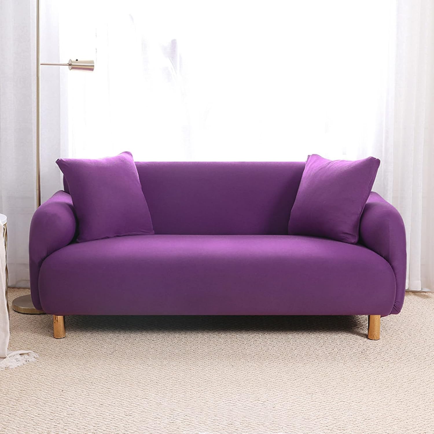 ソファーカバー 2人掛け 肘付き 無地 タテヨコ 伸縮 一体型 フィット 伸縮素材 犬猫対策用 フィットタイプソファカバー キズ れ防止 替えカバー 家具 柔らかい 春夏秋冬用 犬 猫 爪とぎ防止 イエロー 新生活 パープル 部屋 模様替え 装着簡単 北欧風 145 185cm 優しい