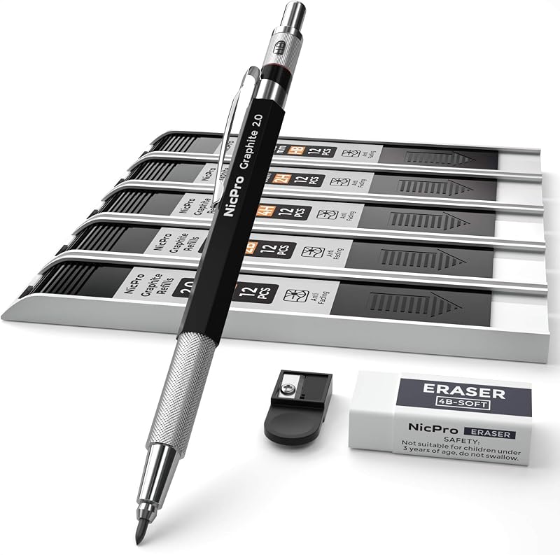 Nicpro 2mm Metal Mechanical Pencil Set with Case, 1PCS | Lead Pencil Holder 2.0 mm + 60PCS Lead Refills (4H 2H HB 2B 4B Color), 2mm Pencils for Drafting Writing Drawing Sketching