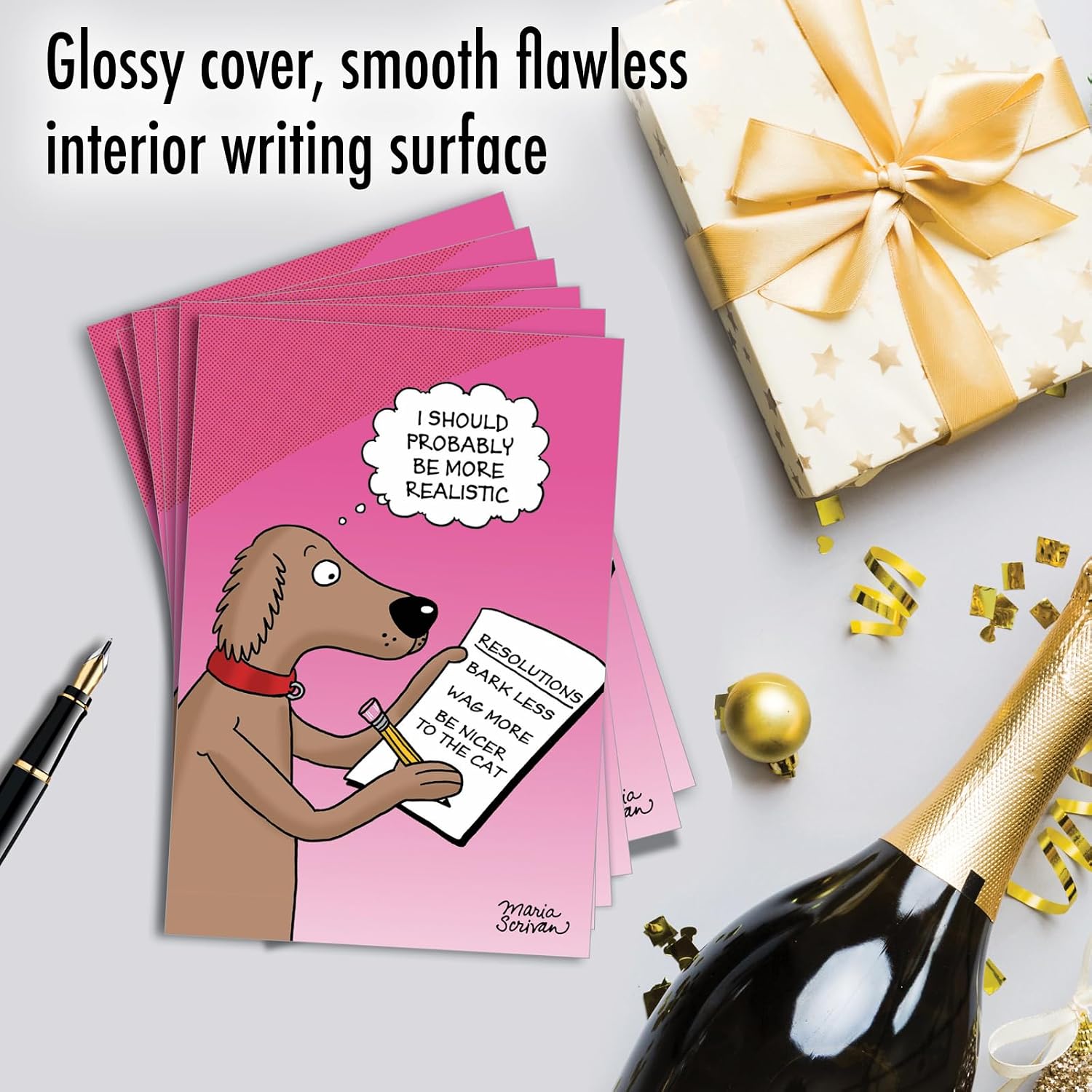 NobleWorks - Box of 12 Happy New Year Cards with Envelopes (4.63 x 6.75 Inch) - Funny Cartoon, New Year's Celebration - Stationery Notecard Set for New Years - C4520NYG-B12