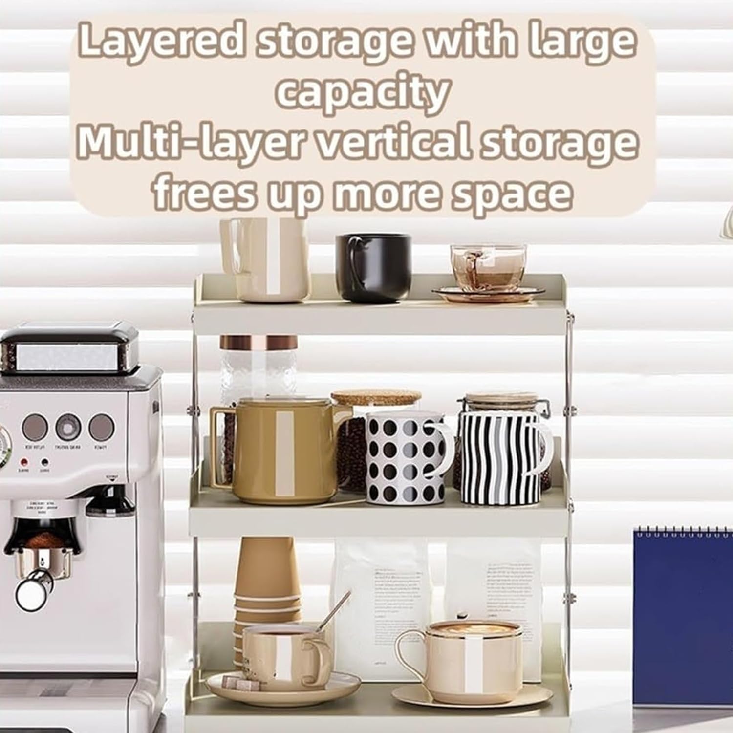 ZAIHW Foldable Storage Rack Coffee Station Organizer Metal Display Shelf Kitchen Counter Shelf for Tea Coffee Bar Accessories Condiment Storage Rack Space Saver(Black)