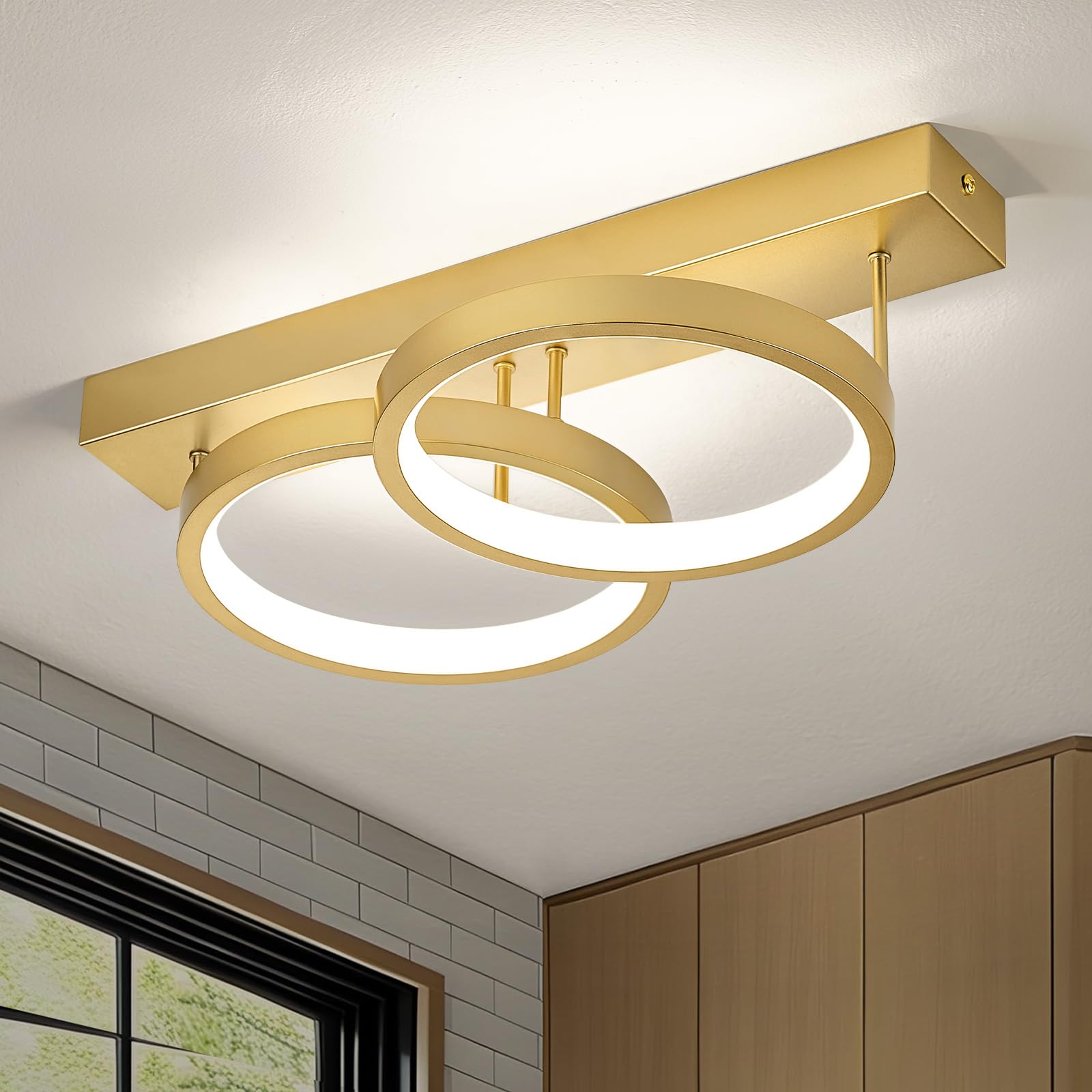 WOKNOS LED Modern Flush Mount Ceiling Lights,14.96 in Gold Ceiling Lamp Fixture,4000K Linghting for Kitchen Bedroom Living Room Hallway Porch Entryway Dining Room Landing Study Closet