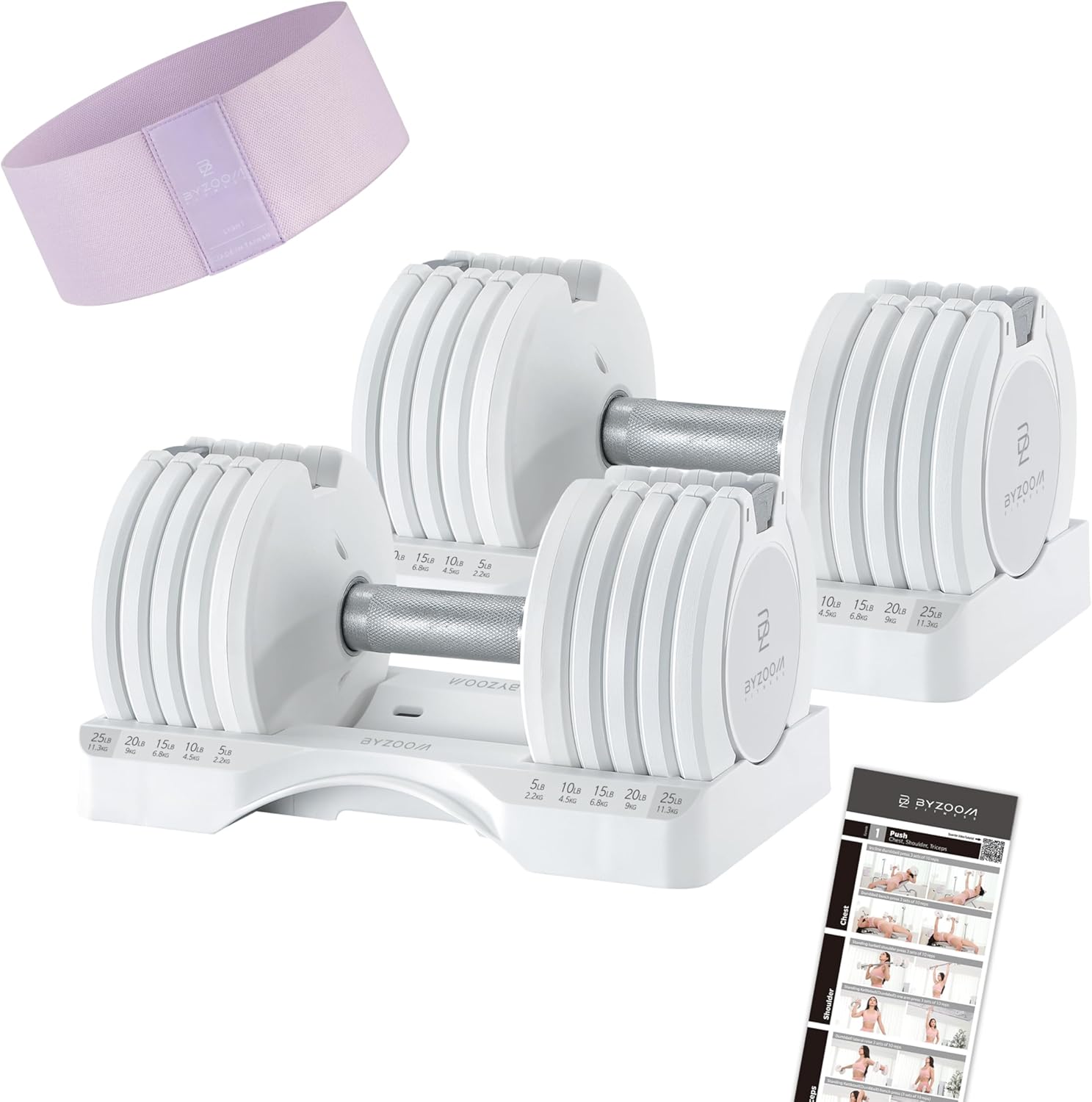BYZOOM FITNESS Adjustable Dumbbell Set of 2 25lb White & Booty Band Set Light Purple