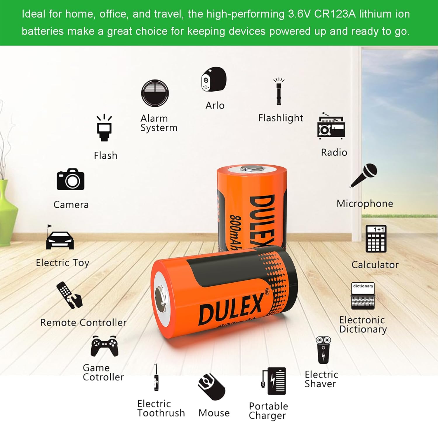 DULEX 8-Pack 3.7V 800mAH 123A Rechargeable Batteries Replacement CR123A Lithium Batteries and Charger Compatible with Arlo VMS3130 VMC3030 3200 3330 3430 3530 Cameras, Alarm System, Flashlight