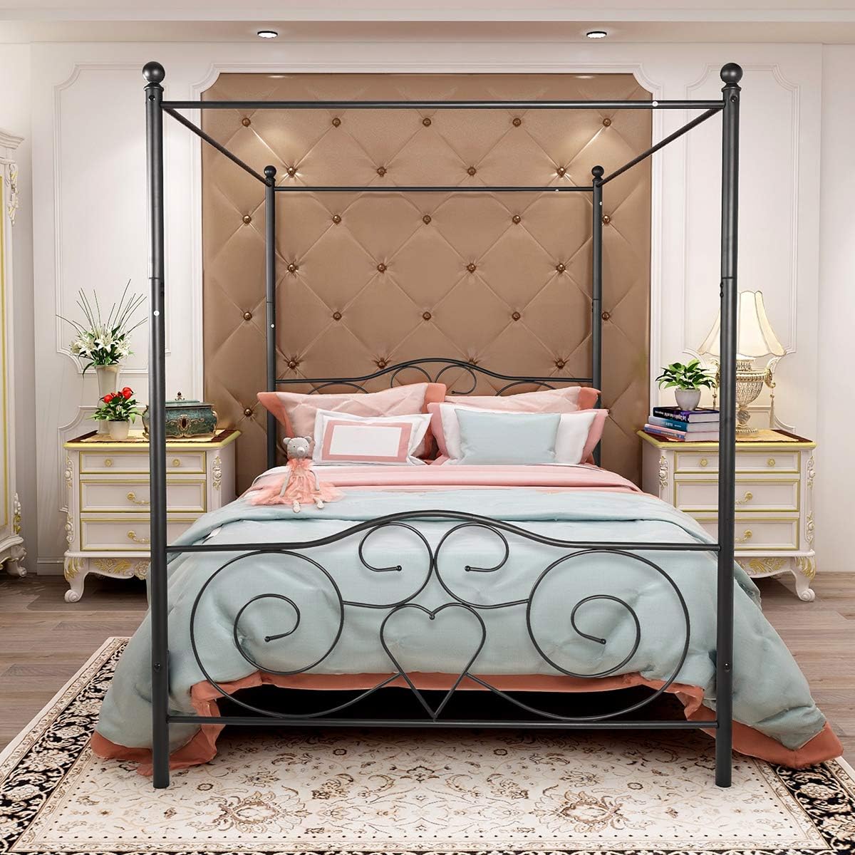 Bed Frames with Vintage Headboard and Footboard / Bed Canopy Frame,No Box Spring Required Heavy Duty Slat/ Platform Without Storage (Queen, Black)