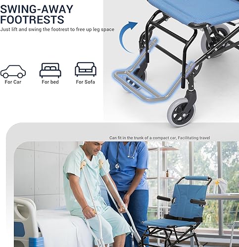 Miniatura 6 de Silla de ruedas ligera para adultos, asiento plegable de transporte de 18 pulgadas, silla de ruedas plegable con reposapiés elevable para viajes de
