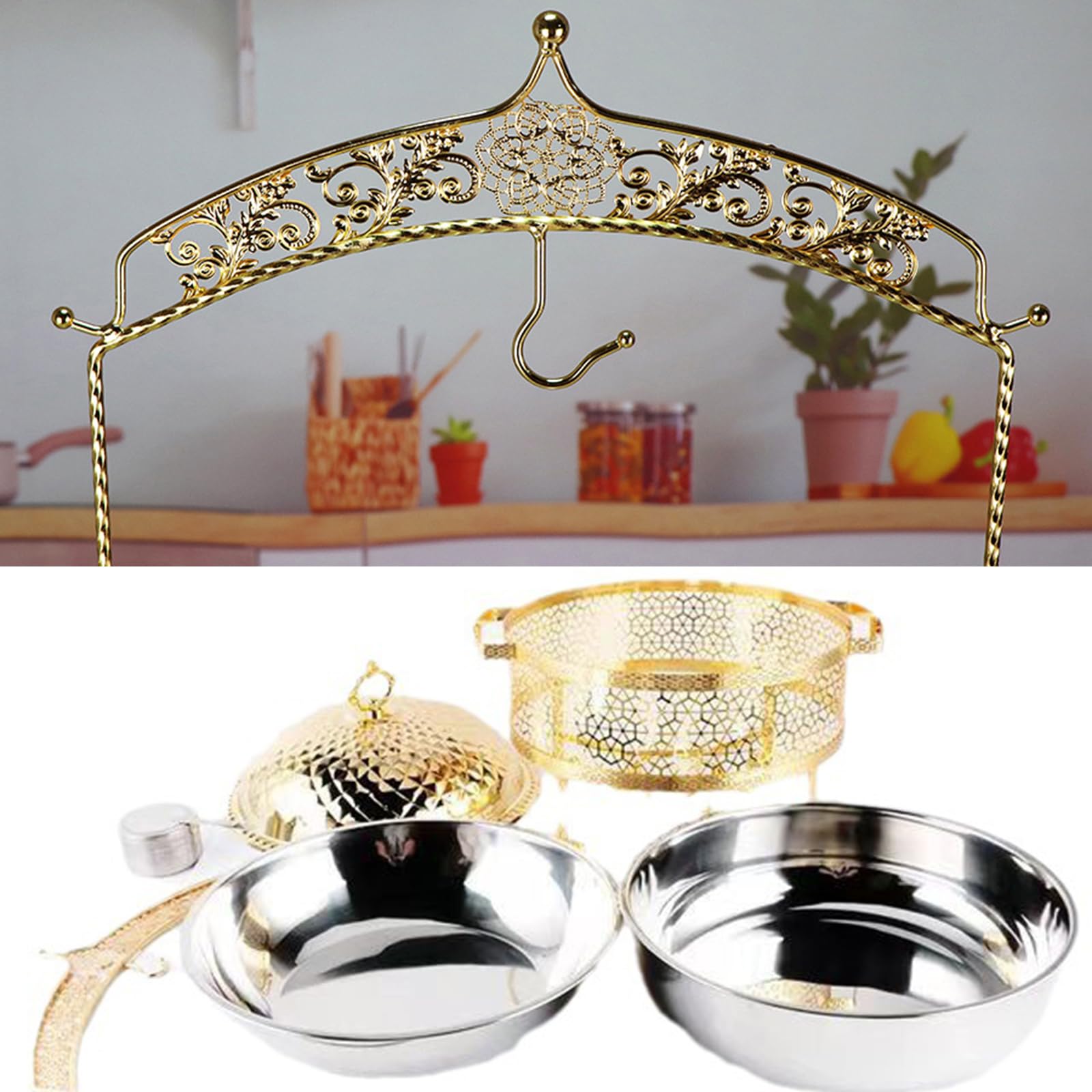 Juego de bandejas de buffet de acero inoxidable – Equipo de buffet de estufa de comida con tapa redonda para colgar, con tapa colgante, calentador de alimentos, incluye bandeja de comida, bandeja de