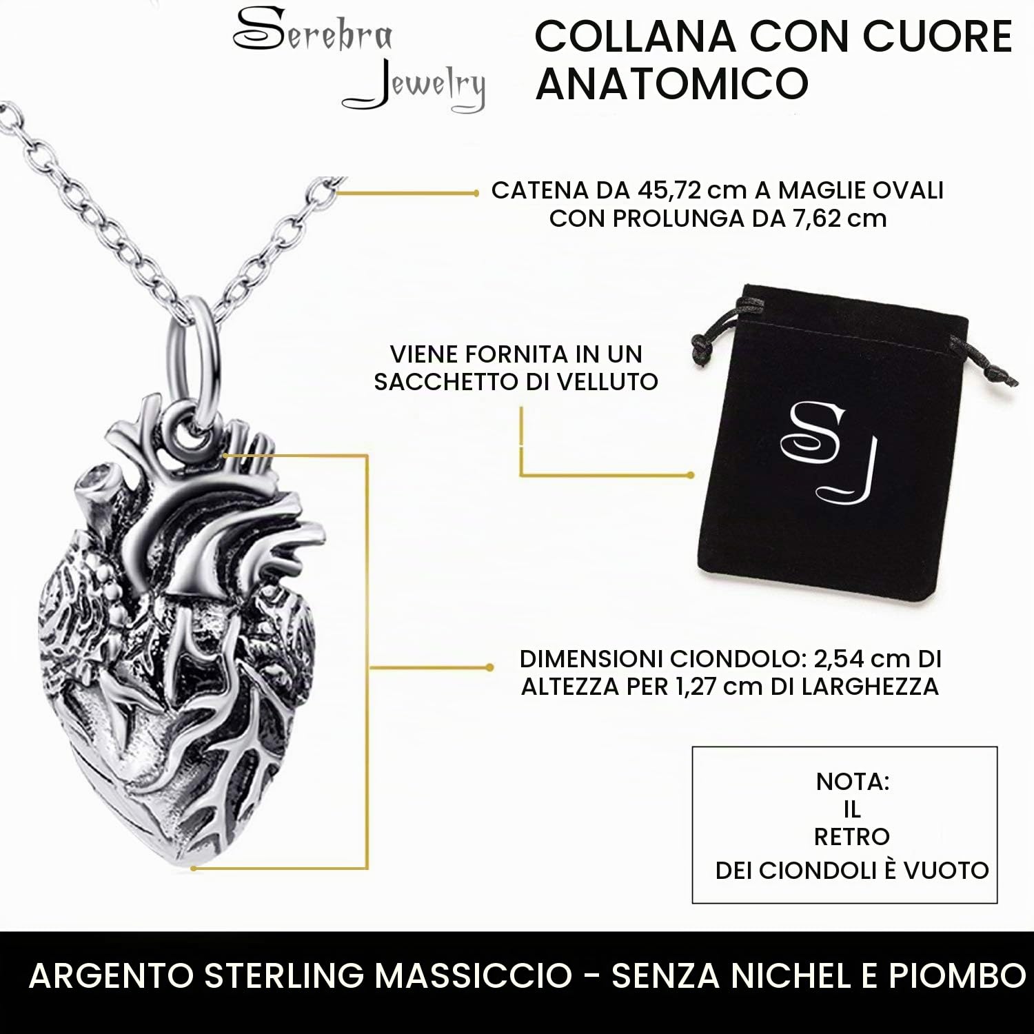 Cuore Anatomico Ciandolo con Collana in argento 925 | regalo perfetto per infermieri, medici, studenti, nerds | by Serebra Jewerly