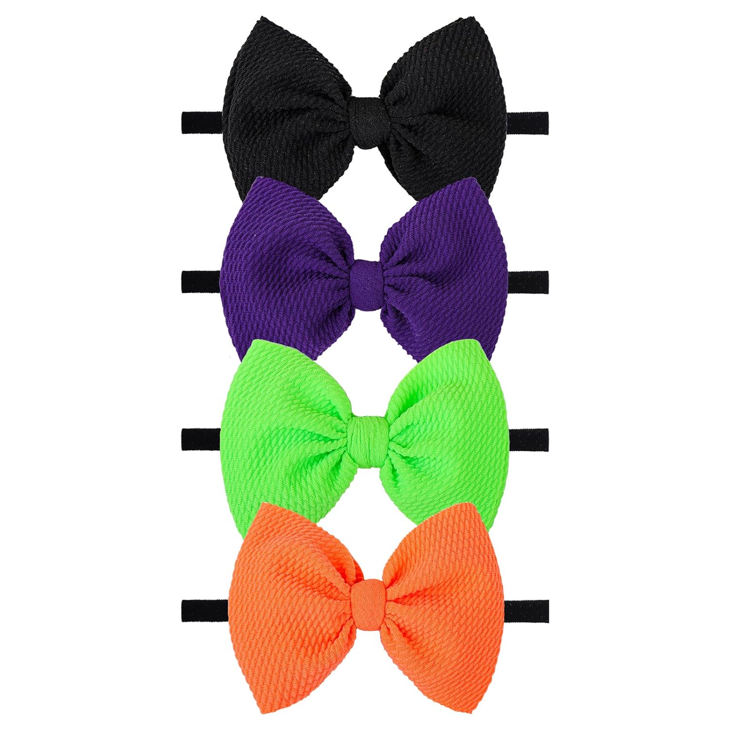 Hairband, 4 Pack Halloween Baby Girl Headbands with Bows for Newborn - Orange, Black, Purple, Green Nylon Hair Accessories, One Size Fits All 3-Black Orange Purple Green