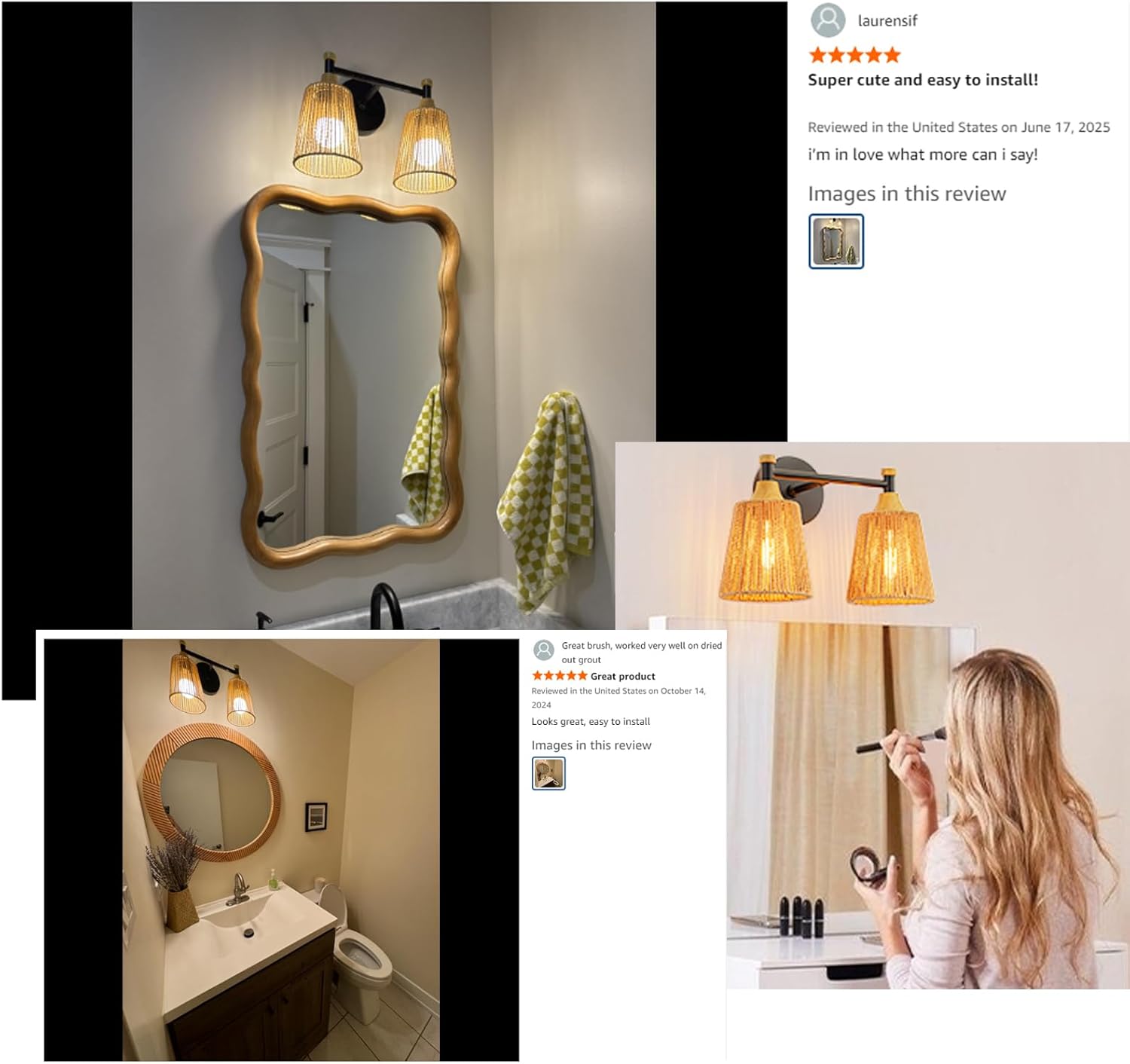 2-Light Bathroom Vanity Light, Boho Bathroom Light Fixtures Over Mirror Rattan Vanity Lighting Fixtures with Hand-Woven Lampshade Rustic Style Wall Sconce for Bedroom Living Room