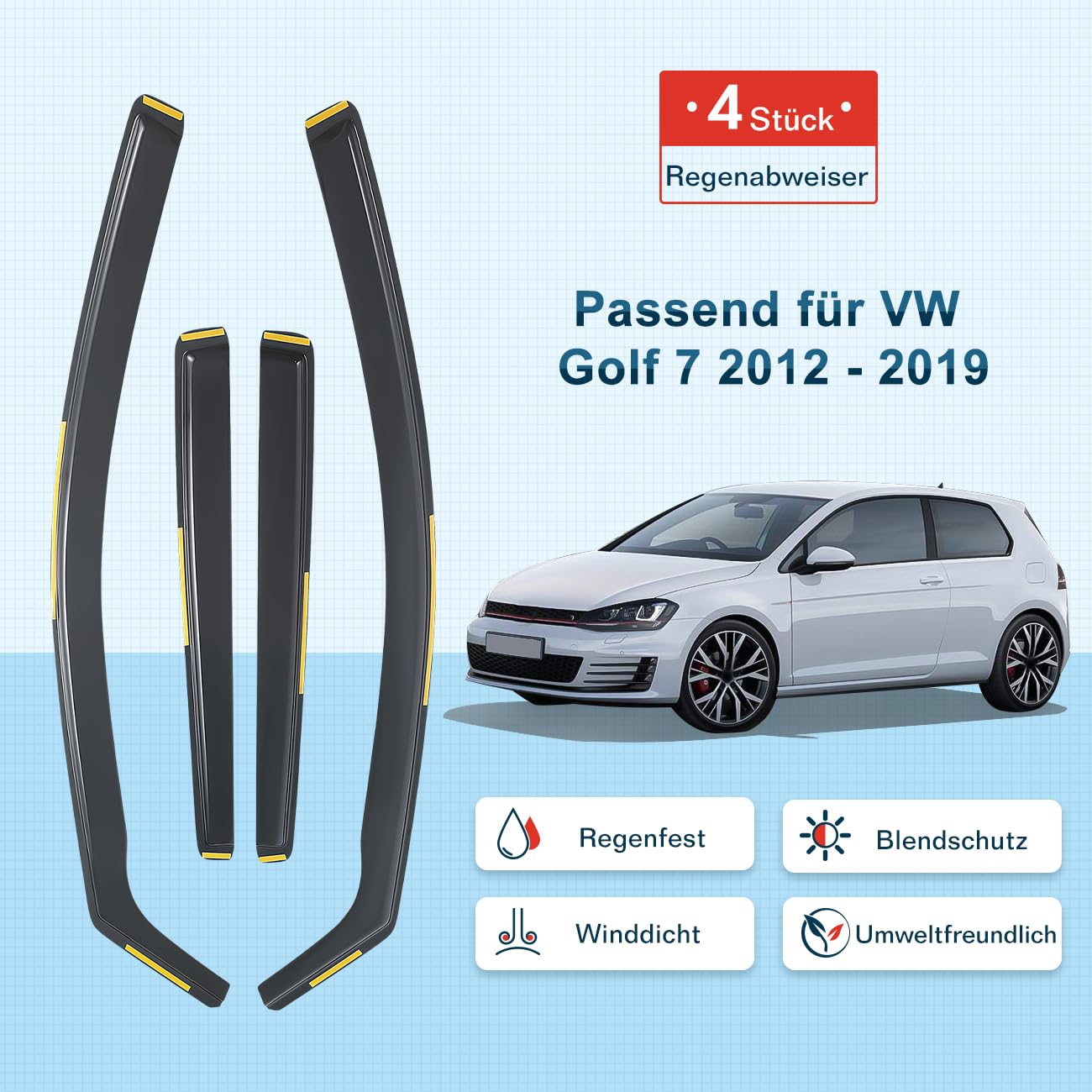 Windabweiser Regenabweiser kompatibel mit VW Golf 7 / VII 2012-2019 5-türig, Selbstklebend Tape-On Autofenster Regenschutz Regenabweiser Deflektoren, 4-TLG Set, Rauchgrau, Vorne,Aerodynamisch