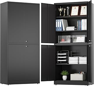Aktenschrank abschließbar mit 4 Türen Mehrzweckschrank mit Kombinationsschloss verstellbare Regale Büroschrank Aufbewahrungsschrank für Büro Garage 180X80X40cm Schwarz