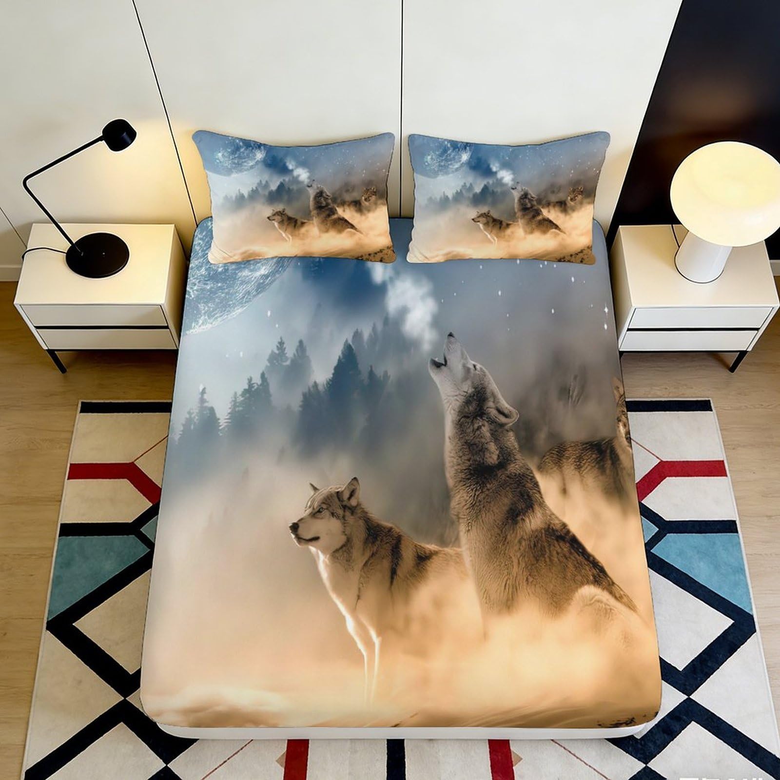 3D Printed Wolf Moon Fitted Sheet Microfiber Soft Breathable Forest Animal Mattress Cover for Bedroom Dorm Decor 140x200x25cm