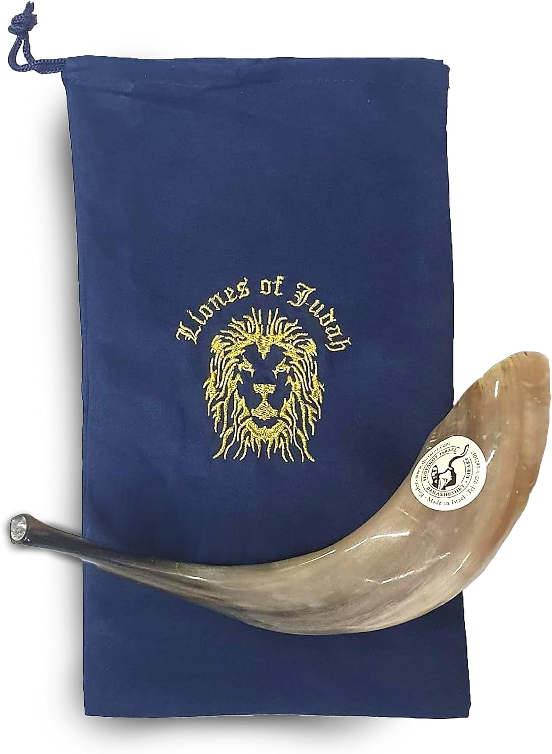 Shofarot Israel 14"-16" Kosher Ram Horn Shofar - Authentic, Polished, Brown Ram Horn Shofar with 'Lion of Judah' Velvet Bag & Kosher Certificate