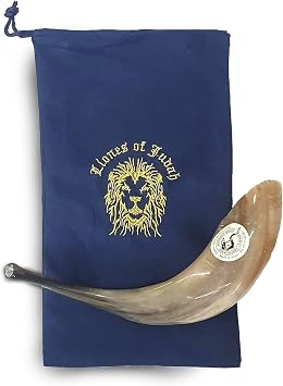 14"-16" Kosher Rams Horn Shofar - Full Polished Authentic Ram Shofar from Israel - Traditional Jewish Instrument with "Lion of Judah" Embroidered Velvet Bag & Kosher Certificate