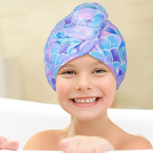 Miniatura 3 de Basumee Toalla de microfibra para el cabello para niños, paquete de 2 toallas de secado rápido con botón turbantes para el cabello mojado, toalla