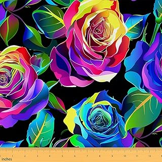 Rainbow Watercolor Roses Fabric by The Yard Colorful Nature Botanical Fl...