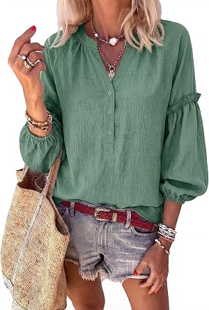 Womens V Neck Button Down Tops Puff Long Sleeve Tunic Blouse Dressy Loose Fit Basic T Shirt Business Casual Work Tops