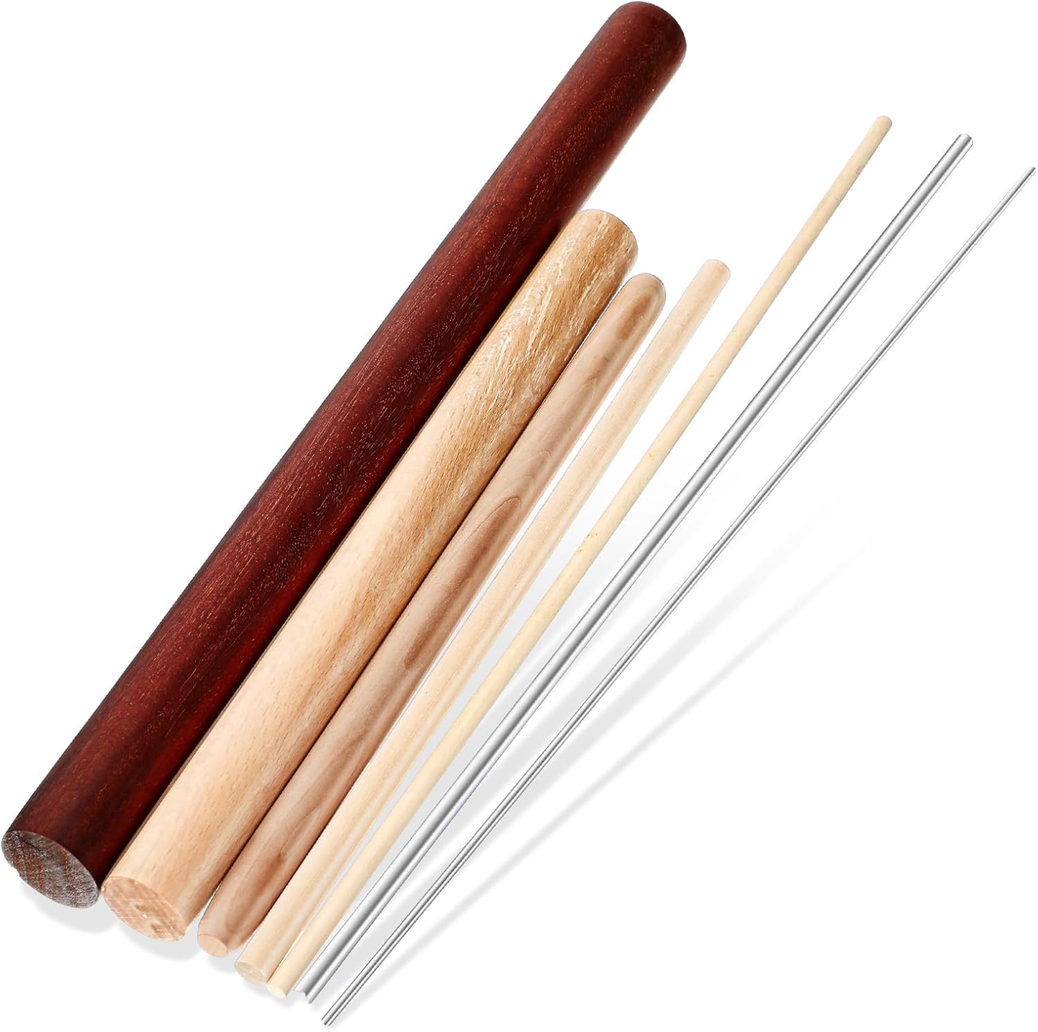 Baderke 7 Pcs Italian Rolling Pins Pasta Rolling Pin Set Wood and Stainless Steel Rolling Pin Dough Pasta Roller for Making Wontons, Dumplings, Pastas, Ramen, Udon Noodles, Flat Bread, Tortillas