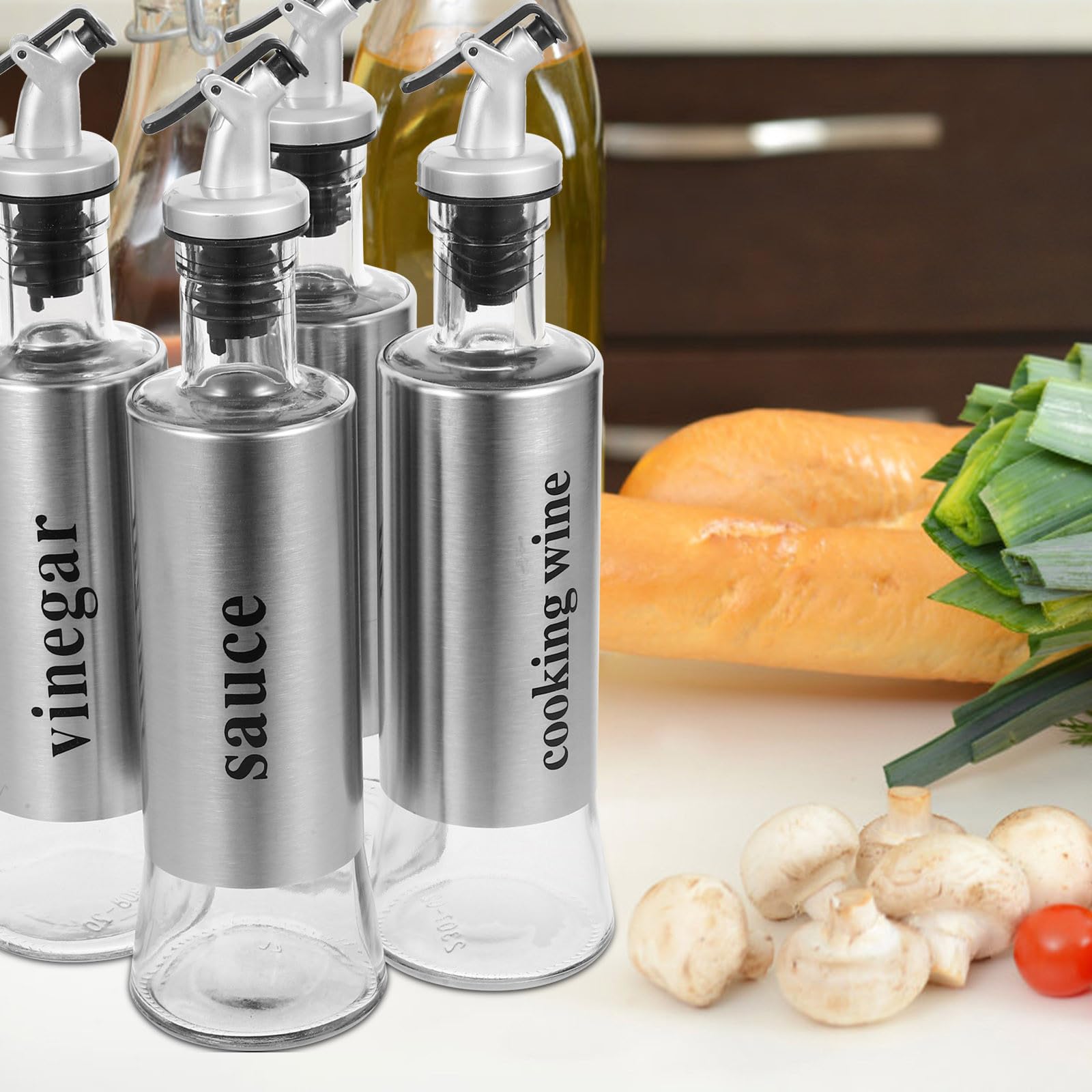 Set 4 Pezzi Dosatore Olio e Aceto in Vetro Dispenser Antigoccia, Capacità 300ml, Acciaio Inossidabile Elegante per Ristoranti e Cucina