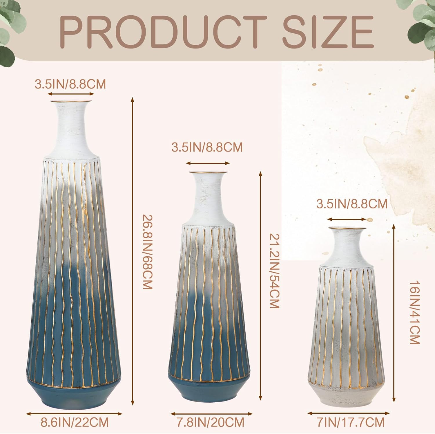 3 Pcs Tall Metal Vase 27/21/16 Inch Metal Standing Decorative Floor Vase Detachable Vintage Large Floor Decor for Living Room Dining Bedroom Home Corner Hallway Office, Blue Gray Ombre