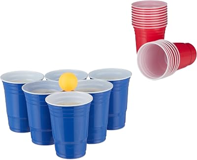Relaxdays- Bierpong Becher mit Bällen Set Vasos Beerpong, Pack Beer Pong con 6 Bolas, 50 Recipientes Cerveza, Juego Beber, Fiesta, 473 ml, Rojo/Azul, Color (10032656)