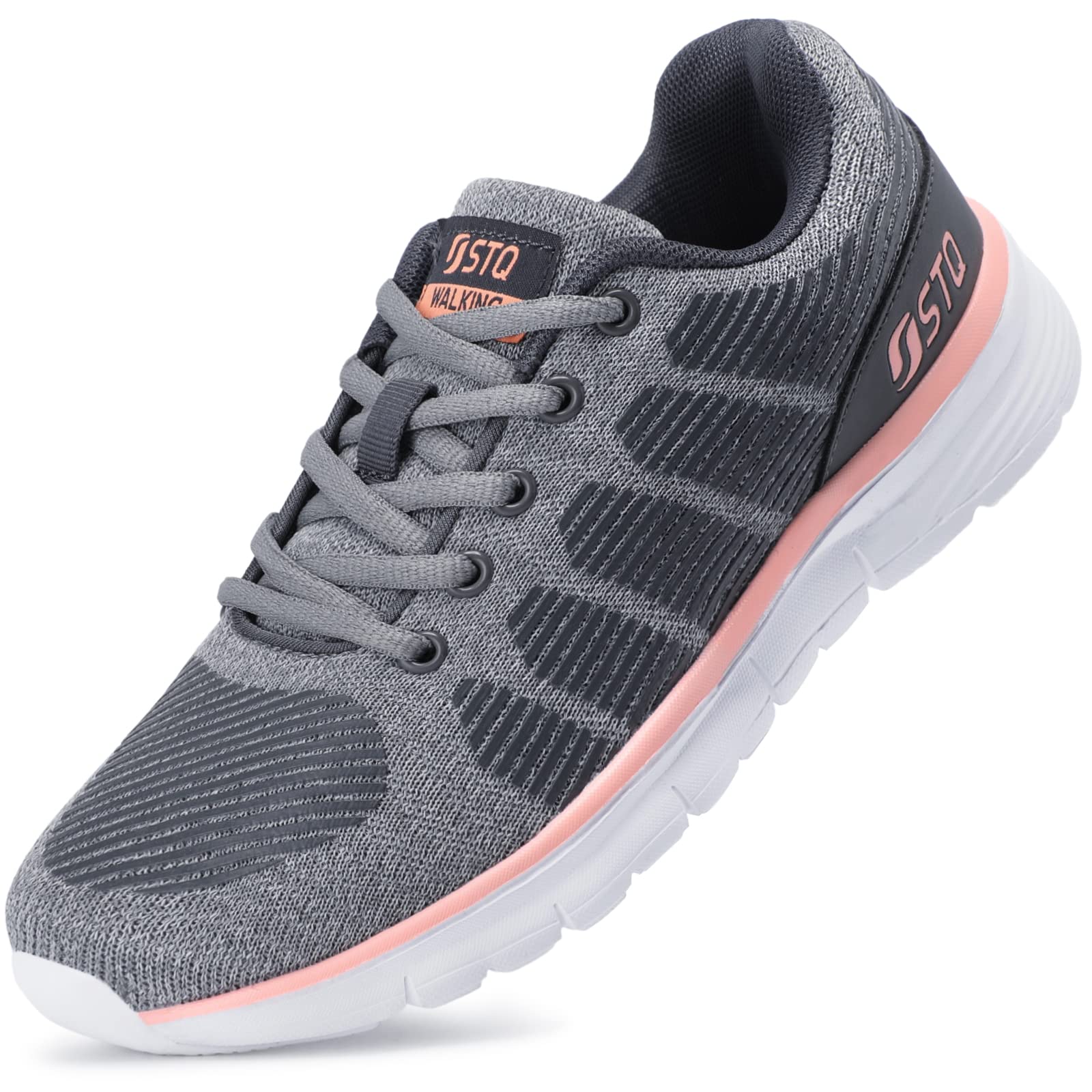 STQ Tennis Shoes for Women Arch Support Breathable Mesh Athletic Road Running Sneakers for Walking Gym, Grey Pink US 7.5