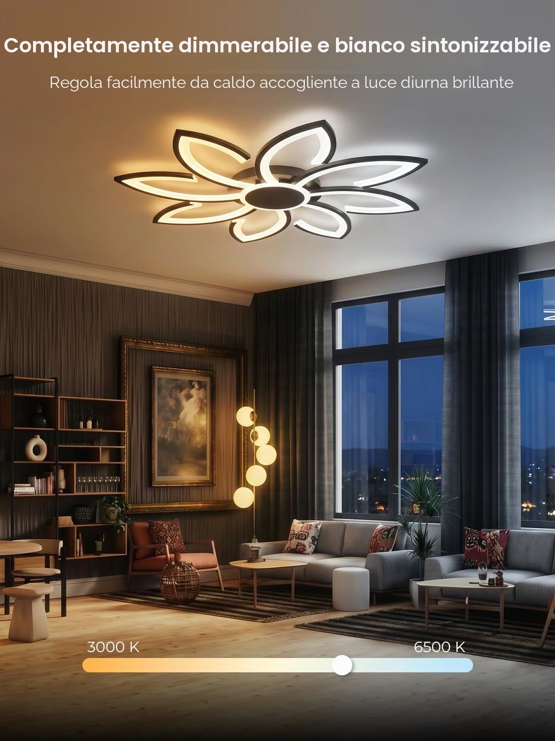 Plafoniera LED Soffitto Smart Dimmerabile Ø80cm, Lampadario Moderno Design a Fiore Compatibile con Alexa/Google Home, Luce Regolabile Con App/Telecomando per Soggiorno, Camera da Letto, Nero