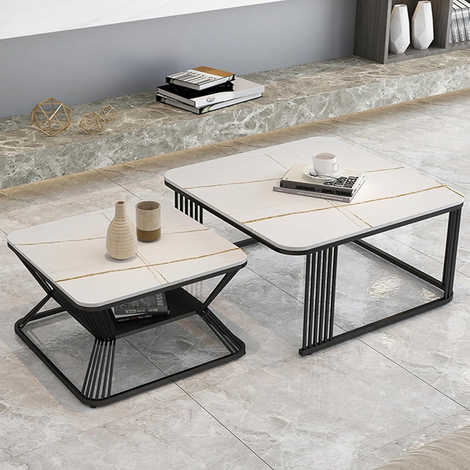Nesting Coffee Table, Double-layer Design, Modern Steel Frame End Table, Square Rock Plate Side Table, Suitable for Apartment, Courtyard, Etc(White+gold,23in+7in)