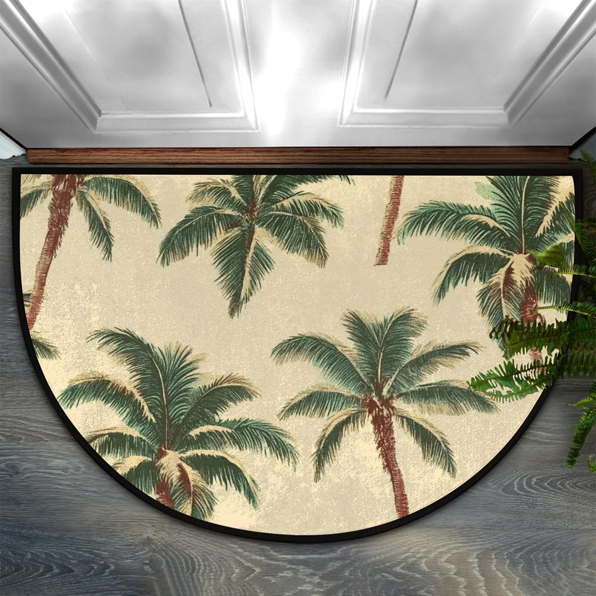 Ocean Palm Trees Beige Half Round Door Mat Non Slip Washable Semi Circle Area Rug Absorbent Soft Half Moon Rug Floor Mat for Indoor Outdoor Kitchen Bathroom Patio Front Door Mat Decor