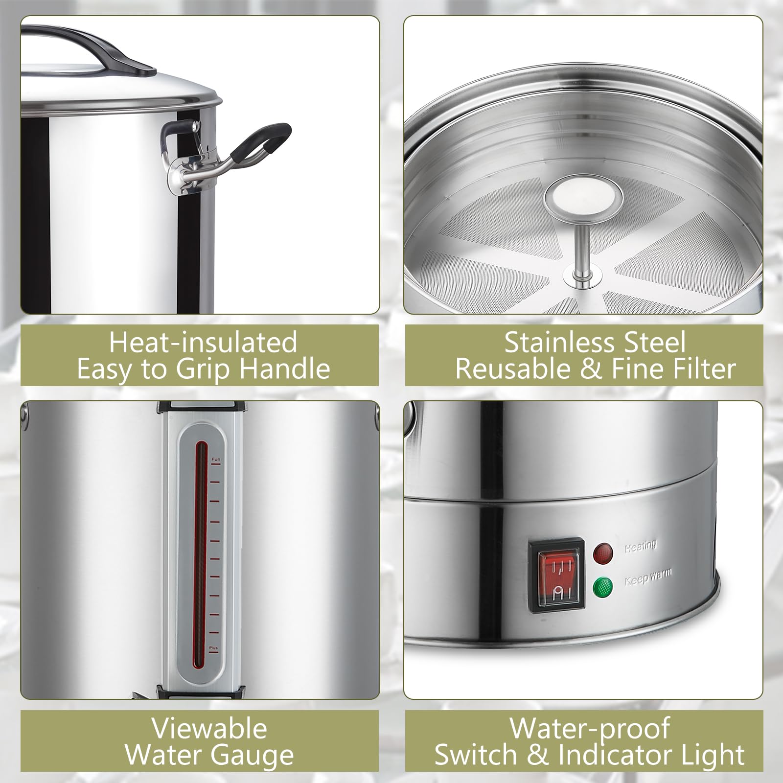 Urna de café comercial de acero inoxidable de 24 l y 160 tazas, dispensador caliente para catering, cafetera de gran capacidad de grado comercial para salas de reuniones, iglesia, escuela,