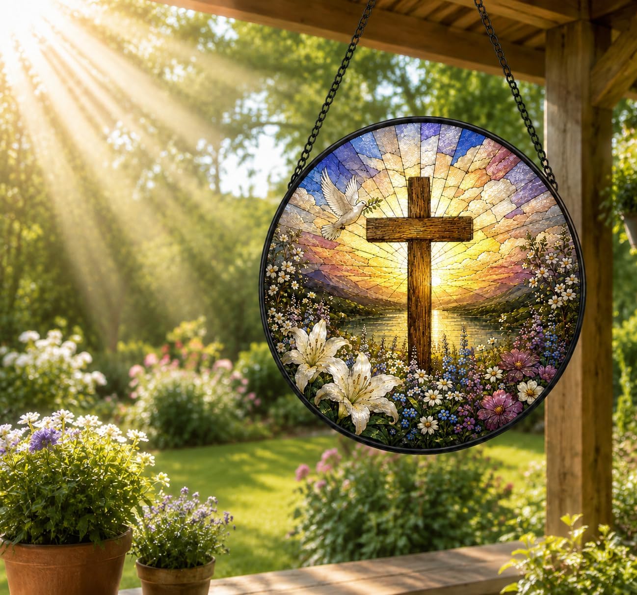 Stained Glass Window Hanging Cross Suncatcher Christian Decor Gifts 8 Inch