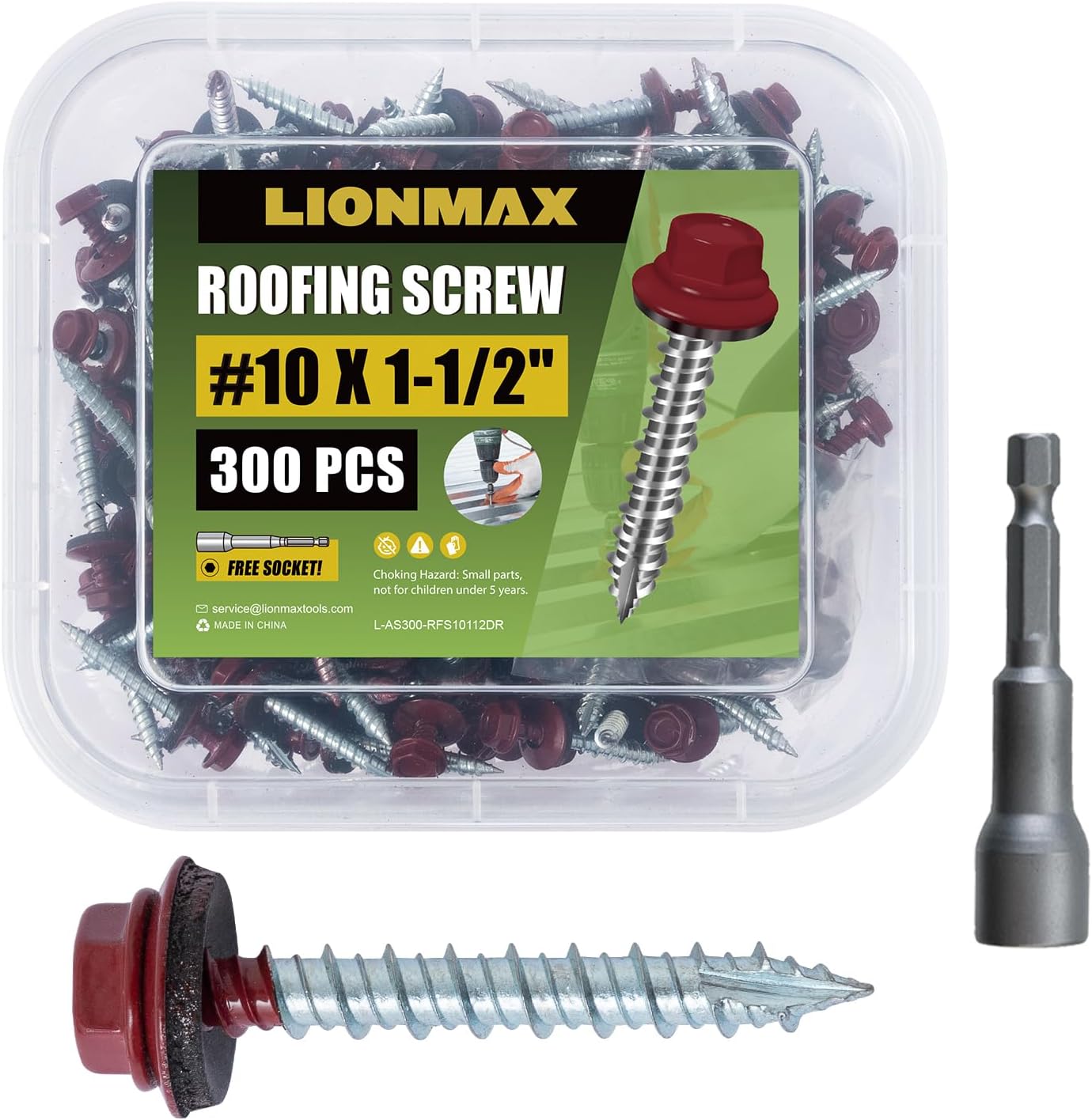 LIONMAX Metal Roofing Screws #10 × 1-1/2 Inch, 300-PCS, Dark Red Painted Hex Head Sheet Metal Roof Screws, Rubber Washer, Sharp Point, Metal to Wood Siding Screws, Hex Socket Included