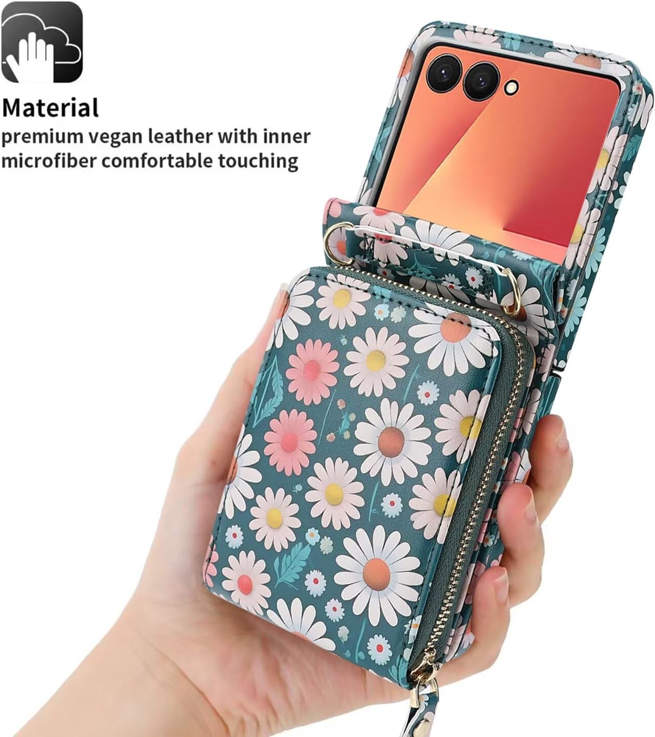 Phone Case for Samsung Galaxy Z Flip 7 Wallet Phone Cover, Zipper 8 Card Slots with Adjustable Crossbody Strap, PU Leather Fashion Card Holder Flower Pattern Cover for Women Green Daisy