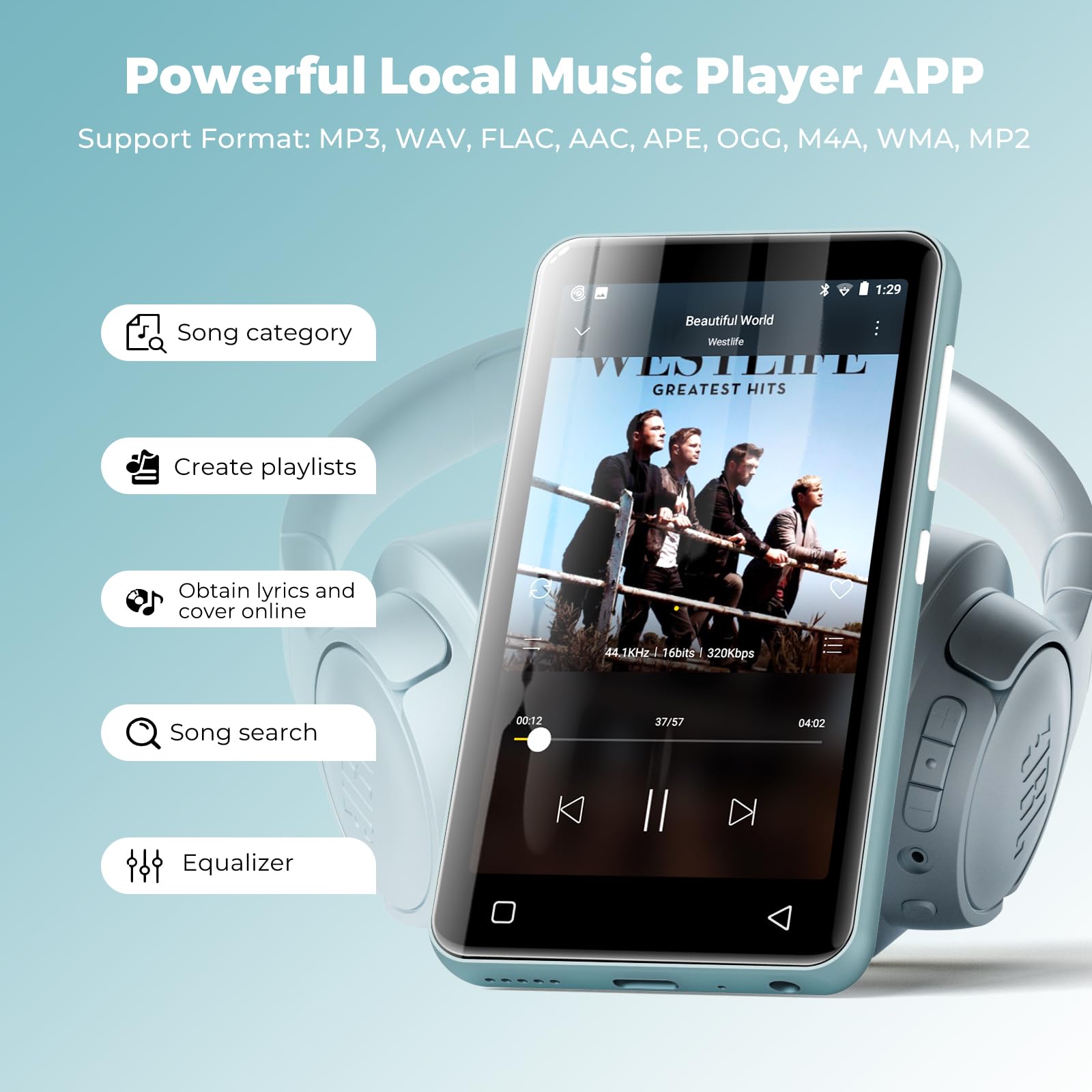 Reproductor MP3 de 160 GB con Bluetooth y WiFi, reproductor de música innioasis con Spotify, Pandora, Amazon Music, pantalla táctil de 4 pulgadas, reproductor de MP4 y MP3 para niños con Libby,