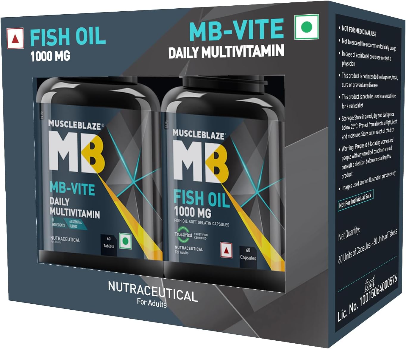 MuscleBlaze MB-Vite Daily Multivitamin with 51 Ingredients & 6 Blends, 60 Tablets with Omega 3 Fish Oil 1000 mg, 60 Fish Oil Capsules (Combo Pack)