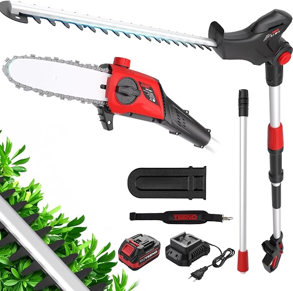 Élagueur sur perche télescopique 2-en-1, tête inclinable 6 positions, batterie 20 V 4 Ah, bandoulière incluse