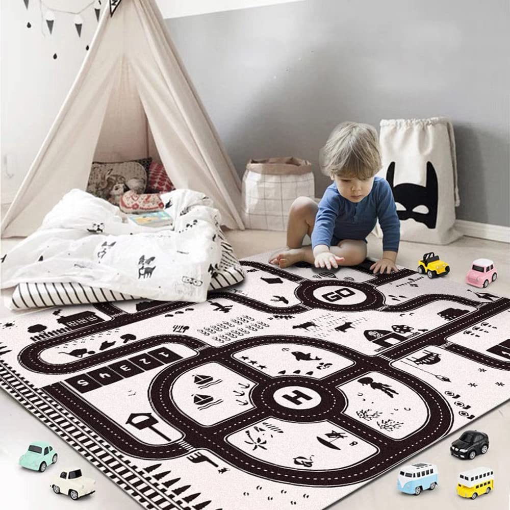 Cute Car Track Baby Crawling Rugs and Mats, Anti-Fall Children Puzzle Carpet for Boys Bedroom 120x160cm (Black, 120x160cm)