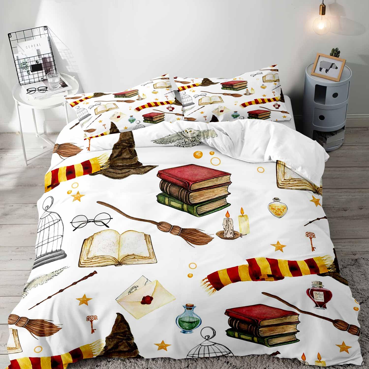 LUVIVIHOME 3PCS Halloween Duvet Cover Queen Bedding Set, White Duvet Cover, Magic Potion Spell Book Wizard Witch Hat Broom Scarf Owl Witchy Spooky Gothic Boys Girls Kids Comforter Cover 2 Pillow Cases