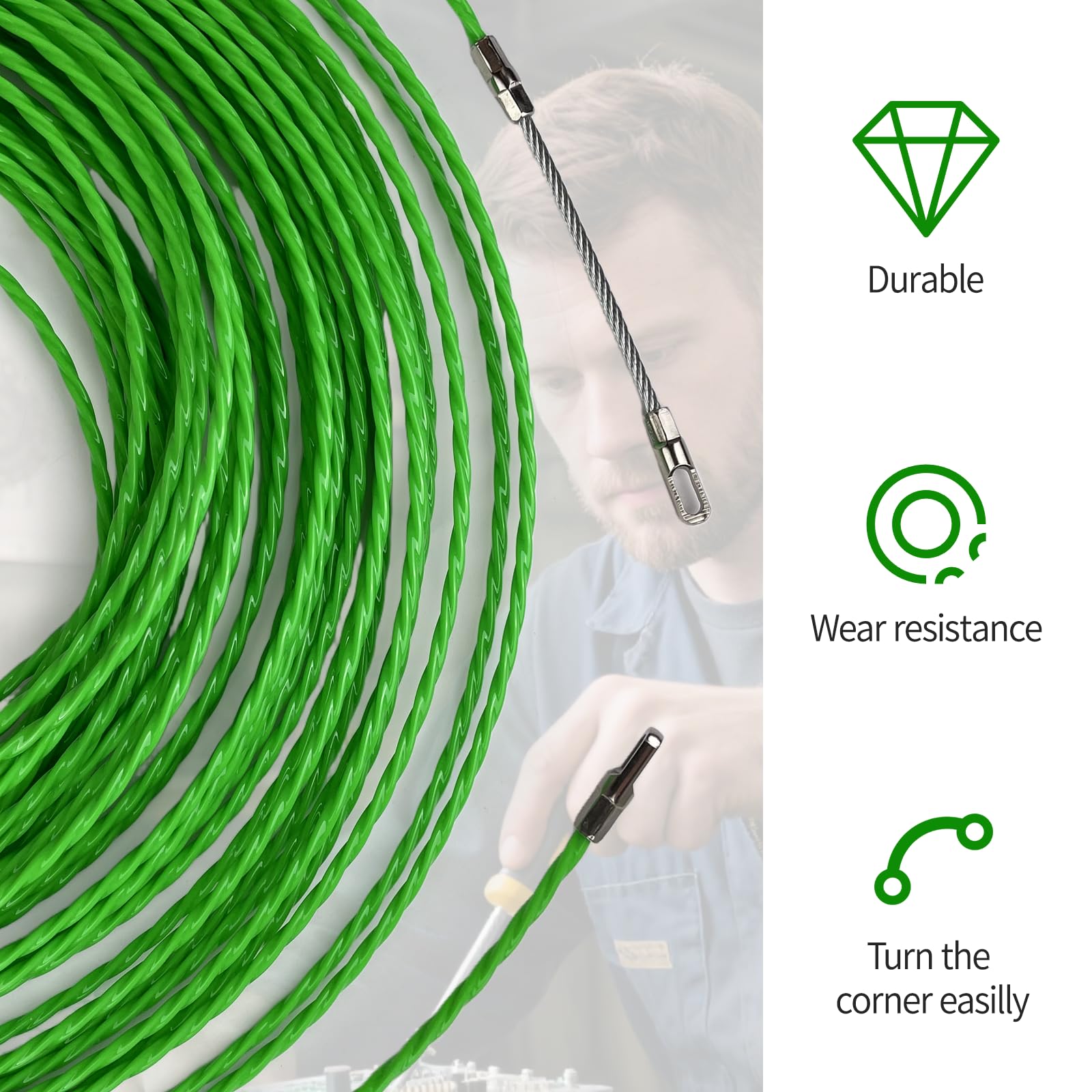 Sonda Passacavi 30m, Diametro 4mm, Sonda Elettricista Professionale, Sonda Tiracavi con 2 Molla di Guida, Estrattore Cavi Elettricista, Sonde Tiracavi per Inserimento ed Estrazione Cavi
