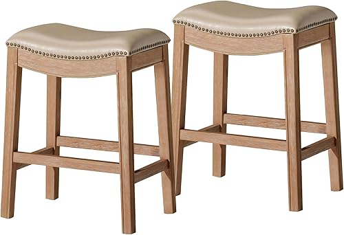 Miniatura 30 de Maven Lane Adrien Taburete de Mostrador sin Respaldo – Juego de 4 – 26 Pulgadas – Taburete Tipo Silla de Montar con Reposapiés – Marco de Madera