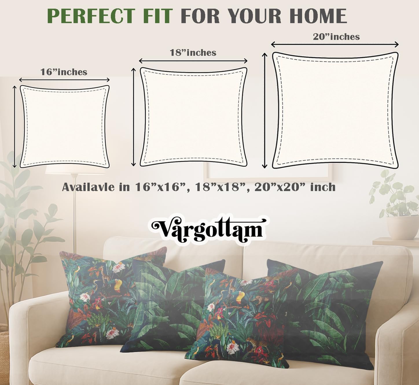 Set of 4 16x16 Inch Pillow Covers - 100% Cotton, Decorative Tropical Print, Double-Sided Print with Concealed Zipper - Filler Not Included - Black