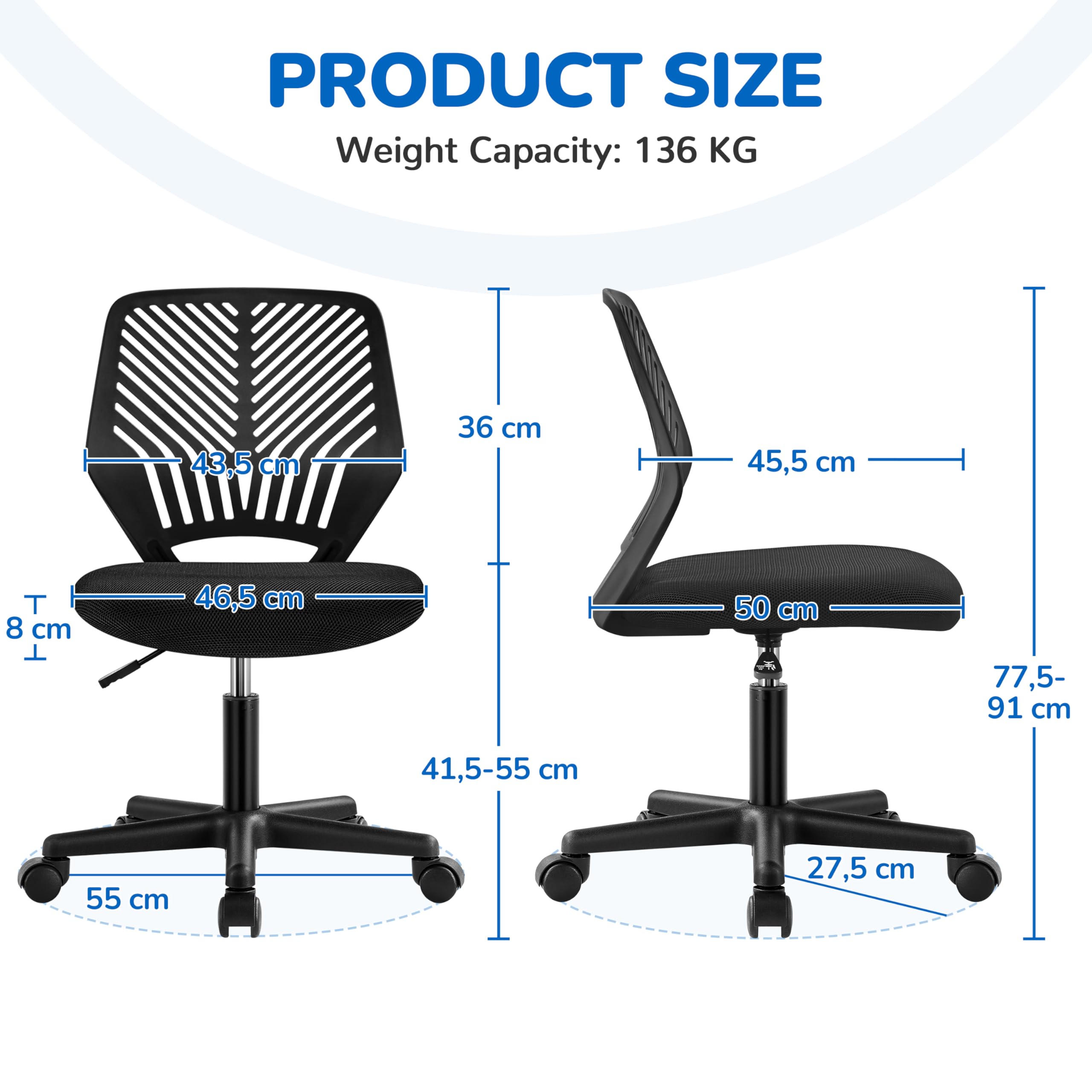 Yaheetech Silla Escritorio de Oficina Ergonómica Silla Giratoria Altura Ajustable sin Reposabrazos Asiento Malla Negro