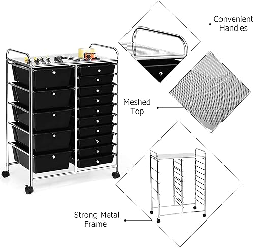 Miniatura 7 de Squareful - Carrito de almacenamiento de 15 cajones, carrito de utilidad móvil con ruedas, carrito organizador multiusos para herramientas, álbum de