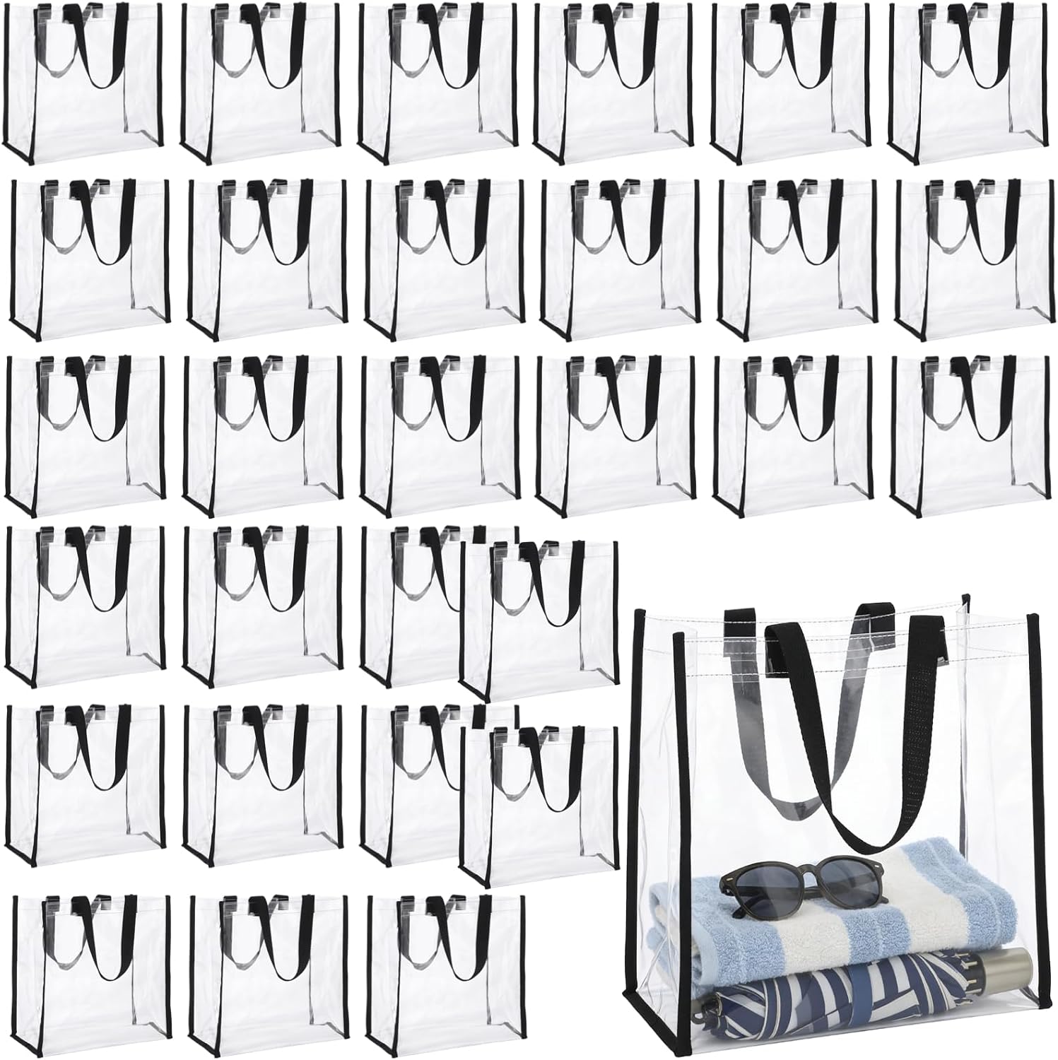 30 Pcs Clear Tote Bags Bulk, Waterproof PVC Plastic Tote Bag with Handles, Reusable Large Beach Bags for Stadium, Shopping, Gym, Sports, 11.8 x 11.8 x 5.9 Inch