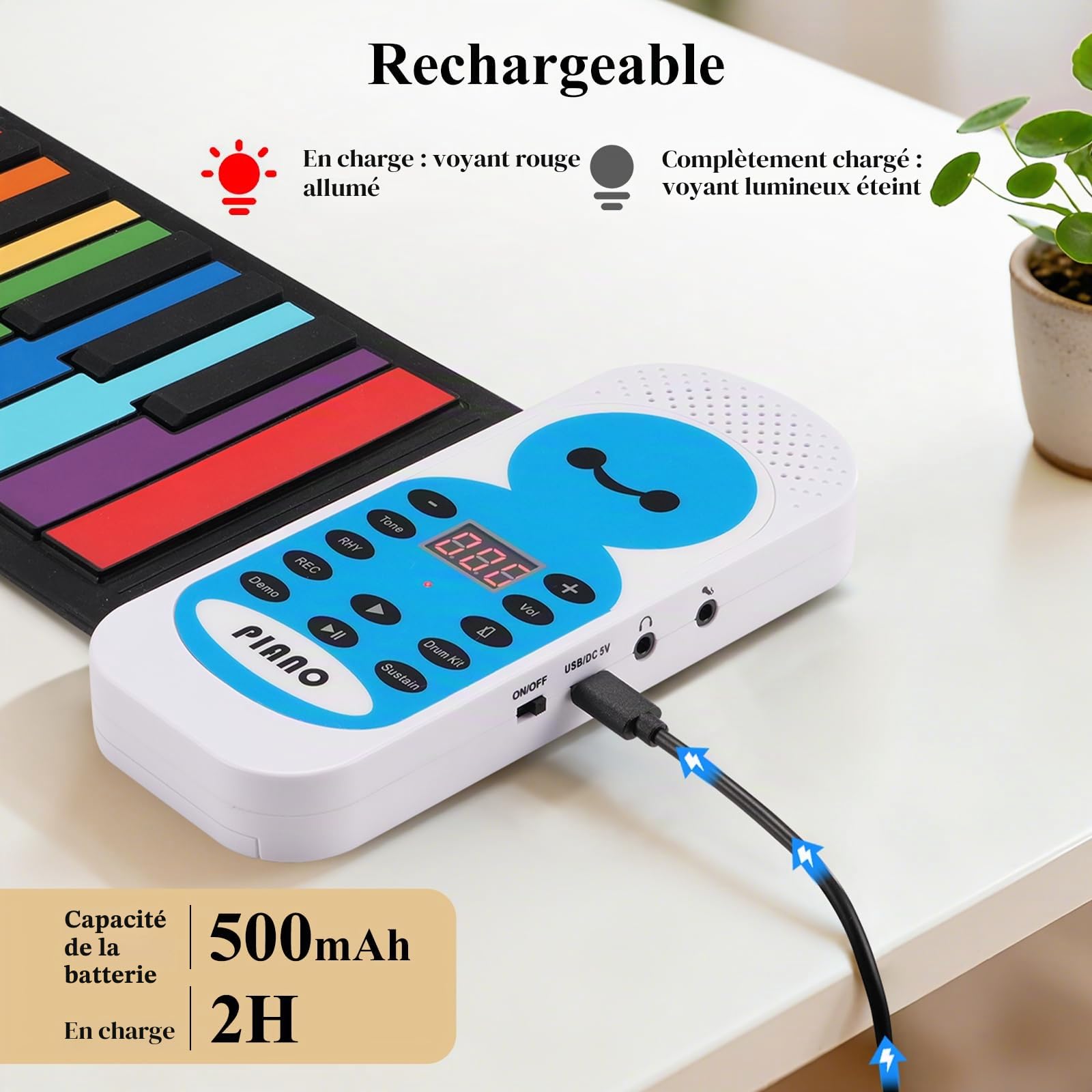 POGOLAB Clavier Piano Souple 49 Touches, 14 Démos, 128 Tons, 128 Rythmes, Enregistrement, Microphone et Prise Casque, Piano de Voyage Electrique Numérique Rechargeable, Cadeau pour Débutants