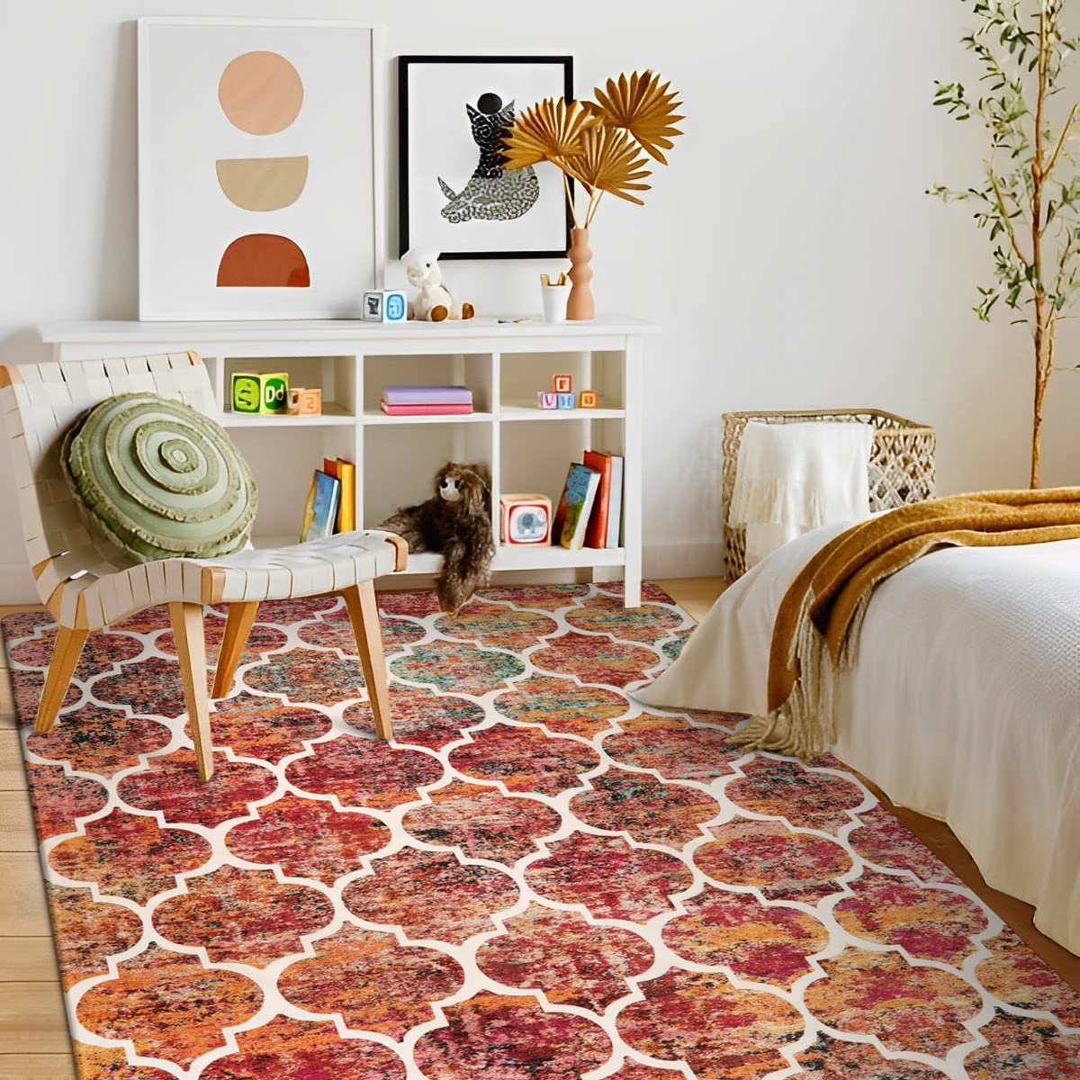 Lahome Moroccan Machine Washable Living Room Rugs - 5x7 Area Rugs for Bedroom Non-Slip Large Throw Kitchen Rugs Soft Wool Colorful Dinning Room Rug Distressed Indoor Carpet for Entryway Office Room