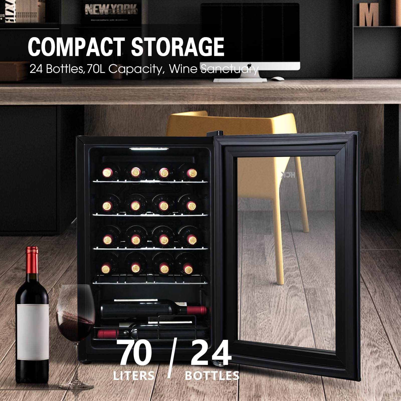 HCK 70L Weinkühlschrank für 24 Flaschen 4-22°C Glastür Schwarz